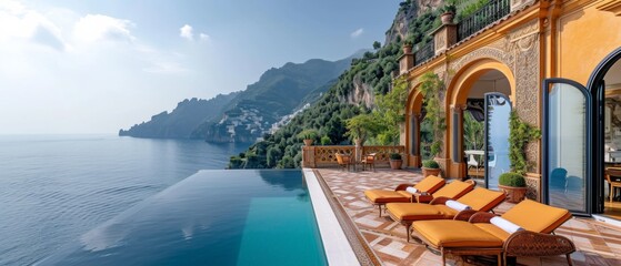 Stunning Seaside Villa In Italys Amalfi Coast, Boasting Panoramic Ocean Views. Сoncept Luxury Accommodation, Coastal Getaway, Italian Riviera, Breathtaking Scenery, Exquisite Design - obrazy, fototapety, plakaty