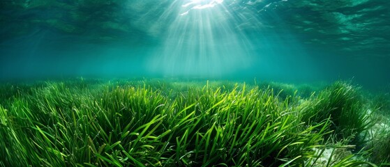 Fototapeta na wymiar Stunning Underwater Capture Of Lush Green Seagrass, Transforming The Ocean Bed. Сoncept Macro Photography, Serene Nature Landscapes, Vibrant Underwater Life, Majestic Ocean Creatures