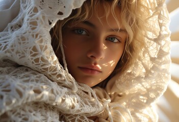 Fototapeta premium A girl with a human face stands indoors, elegantly wearing a white scarf as a symbol of purity and grace