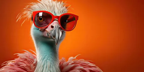 Foto op Aluminium Ostrich with red glasses on an orange gradient background. © AdriFerrer