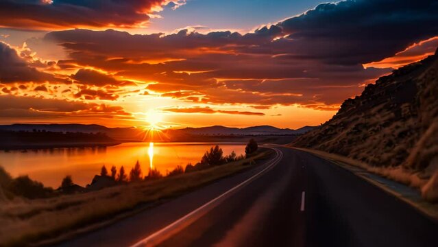 lake and road at sunset 