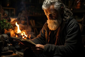 A contemplative man sits by the warm fireplace, engrossed in his book as the crackling fire casts a cozy glow on his casual attire
