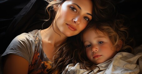 A loving mother gazes adoringly at her precious baby, their faces adorned with gentle smiles and matching rosy cheeks, as they snuggle together in the comfort of their home