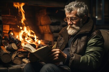 A solitary figure, engulfed by the warm glow of the fireplace, finds solace in the pages of a book as nature's elements rage outside the safety of the building
