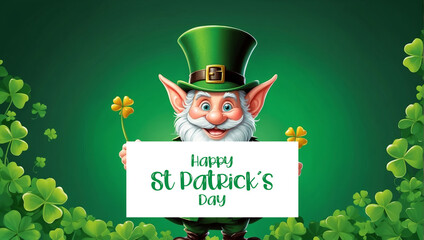 Cheerful Leprechaun with Clover and Blank Sign on St Patrick's Day
