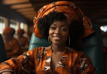 A fashionable woman radiates confidence and joy as she rocks a head wrap, adding a touch of cultural flair to her indoor ensemble
