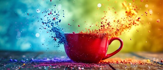 Creating A Colorful Explosion: Vibrant Burst Of Colors In A Coffee Cup. Сoncept Abstract Art, Coffee Photography, Colorful Explosions, Creative Expressions - obrazy, fototapety, plakaty