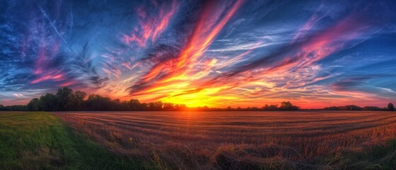 Vibrant Colors Paint The Sky As The Sun Sets In The Field. Сoncept Landscape Photography, Sunset Silhouettes, Natural Beauty, Golden Hour Serenity
