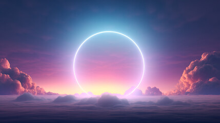 Transcendent Neon Halo Amidst Clouds at Dawn