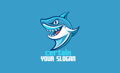 Cute Blue Shark Logo, Minimalist Smiling Mascot in Funny Cartoon Vector Style