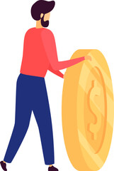 Man pushes massive gold coin, financial effort concept. Striving male rolling large money symbol, economy struggle depiction.