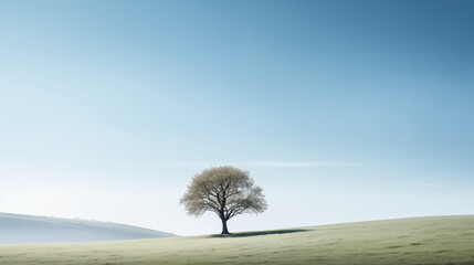 Serene Solitary Tree on a Gentle Hillside Under a Clear Blue Sky