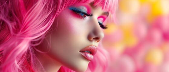 Obraz na płótnie Canvas Vibrant Woman Wearing A Pink Wig With Bright, Expressive Makeup. Сoncept Fashionable Street Style, Edgy Urban Graphics, Stunning Black And White Portraits, Captivating Nature Landscapes