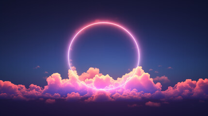 Luminous Neon Ring Above Soft Clouds at Sunset