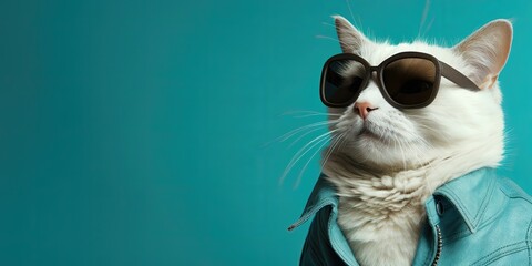 Fashionable cat with dark sunglasses, blue background. - obrazy, fototapety, plakaty