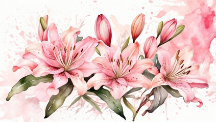 Watercolor soft pink lily illustration. AI generated