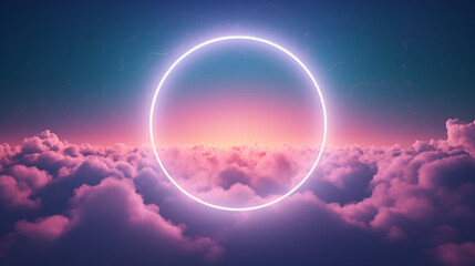 Serene Neon Circle Hovering Above Cloudscape at Dusk - obrazy, fototapety, plakaty