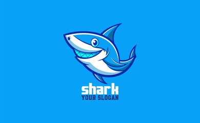 Cute minimalist shark logo, blue shark smiling character mascot icon funny cartoon vector style