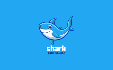 Cute minimalist shark logo, blue shark smiling character mascot icon funny cartoon vector style
