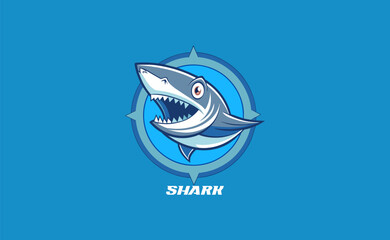 Cute minimalist shark logo, blue shark smiling character mascot icon funny cartoon vector style