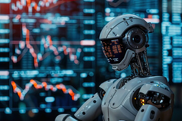 A robot engaged in a screen displaying stock trading and cryptocurrency analysis.