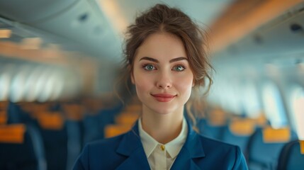 Skybound Elegance: Portrait of Stewardess in Airplane Cabin