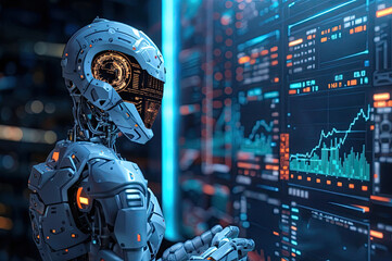A robot engaged in a screen displaying stock trading and cryptocurrency analysis. - obrazy, fototapety, plakaty