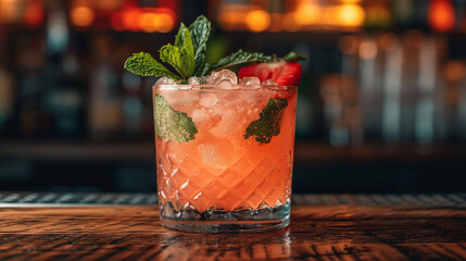 Cocktail with ice on the bar counter