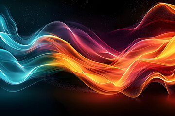 Vibrant rainbow, orange blue teal white psychedelic grainy gradient color flow wave on black background, music cover dance party poster design.