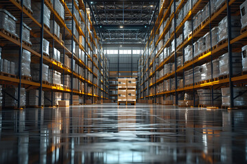Photo of large warehouse or sorting center with many racks of packaged goods. There are stands on...