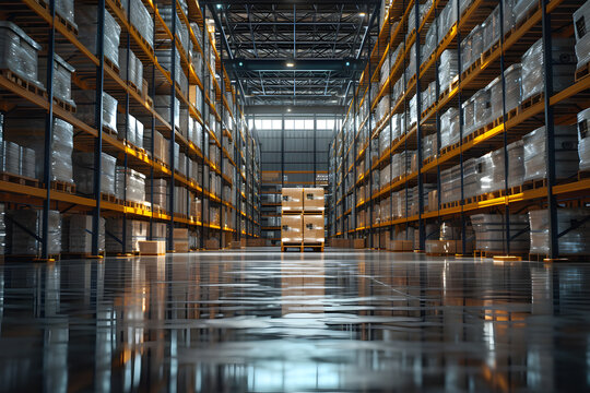 Photo of large warehouse or sorting center with many racks of packaged goods. There are stands on both sides and there are no people in the photo.