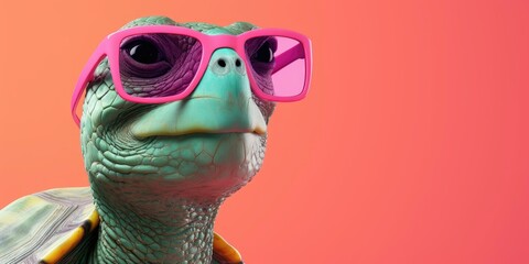Turtle in pink sunglasses against a coral backdrop. - obrazy, fototapety, plakaty