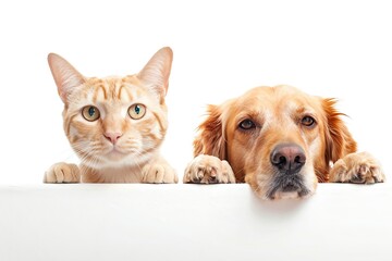 Cute cat and dog peeking out of blank banner