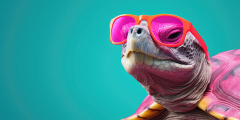 Turtle with pink shell wearing vibrant sunglasses. - obrazy, fototapety, plakaty