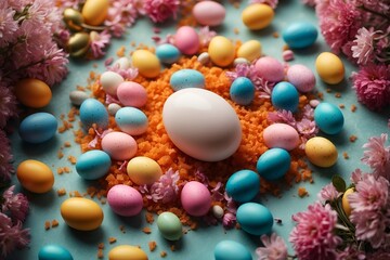 Easter-themed Eggs and Flowers on Kitchen Table