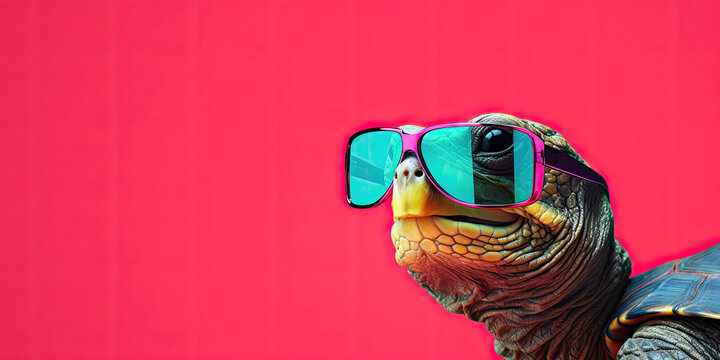 Turtle with neon sunglasses on a vivid background