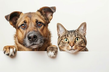 Cute cat and dog peeking out of blank banner