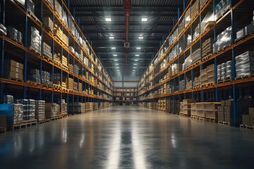 Photo of large warehouse or sorting center with many racks of packaged goods. There are stands on both sides and there are no people in the photo. - obrazy, fototapety, plakaty