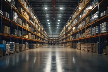 Foto op Canvas Photo of large warehouse or sorting center with many racks of packaged goods. There are stands on both sides and there are no people in the photo. © CozyDigital