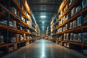 Photo of large warehouse or sorting center with many racks of packaged goods. There are stands on both sides and there are no people in the photo.