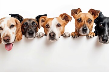 Group of different dogs peeking out of blank banner - obrazy, fototapety, plakaty