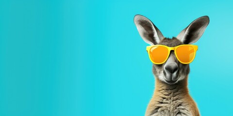 Kangaroo with orange sunglasses against a blue backdrop