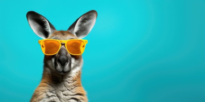 kangaroo wearing yellow sunglasses, blue background.