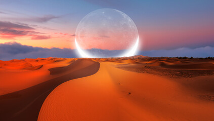 Dusk sky with crescent moon in the clouds on the foreground hot desert (sand dune) 