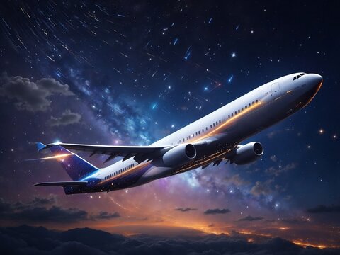 "Starry Trails: AI Art Illuminating an Airplane's Nighttime Journey"