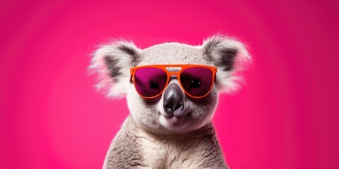 Koala with trendy sunglasses on pink background.