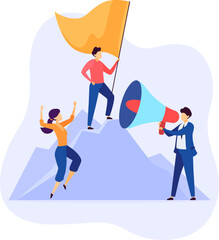 Leader with flag on mountain peak guiding team, man with megaphone announces victory. Celebration of success with energetic team members, woman cheerfully jumps in excitement. Business team achieves