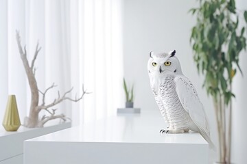 White owl sits on a table in a white interior with indoor plants