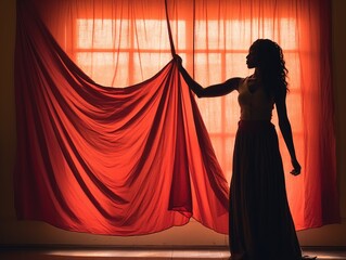 A poised woman stands gracefully against an indoor wall, her flowing dress complemented by the vibrant red cloth she holds, adding a touch of elegance to the room