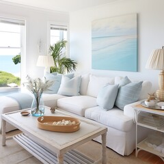 Coastal cottage lounge with a white sectional sofa and beachy decor